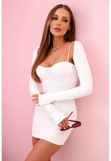 Къса рокля с дълги ръкави и квадратно деколте - Един размер