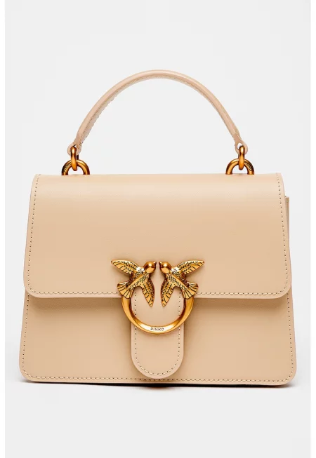 Кожена чанта през рамо Love One с капаче - Светло кафяво