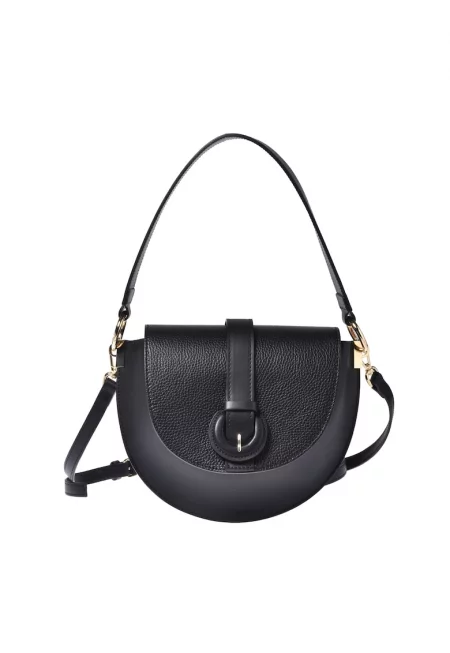 Кожена чанта през рамо с капаче и декоративна презрамка - Черен