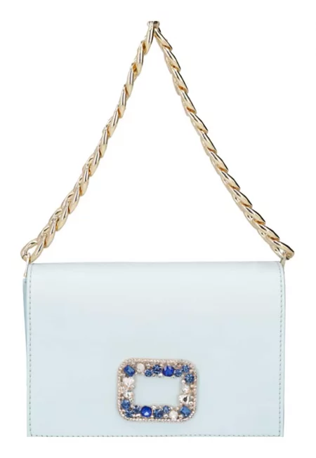 Кожена чанта за рамо с декоративни камъни - Ледено синьо