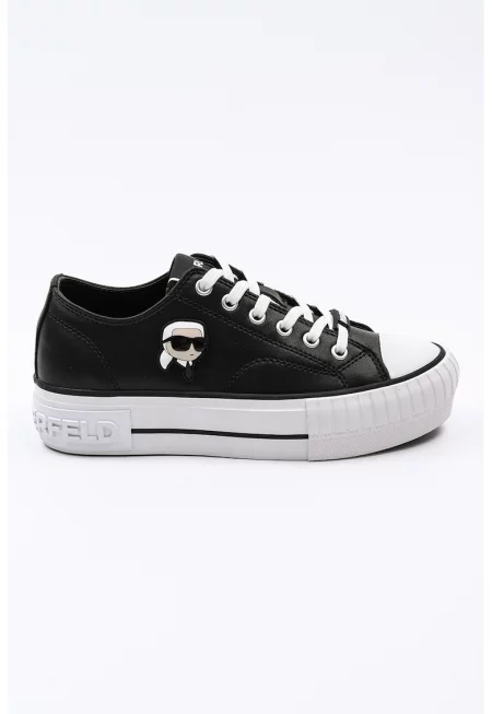 Кожени кецове с нисък профил и пришито лого - Черен