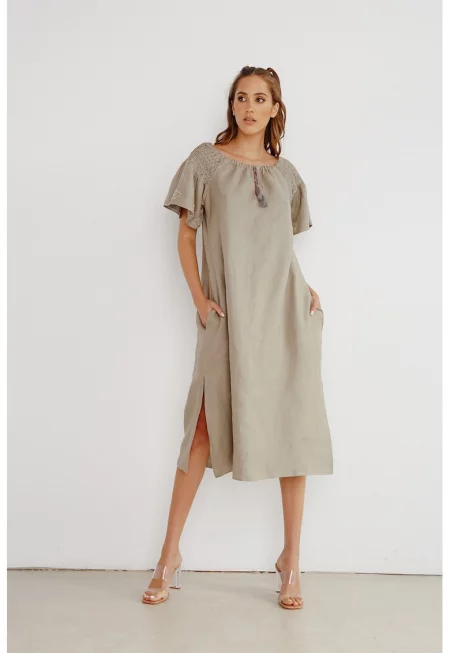Ленена рокля с ръчна бродерия - Бежов