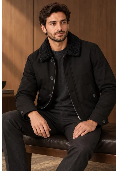 Мъжко яке  черно с пухена яка regular fit
