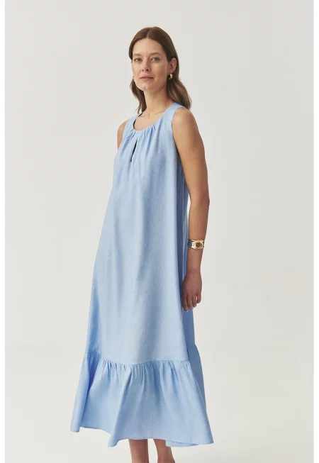 Набрана рокля с лен без ръкави - Пастелносин