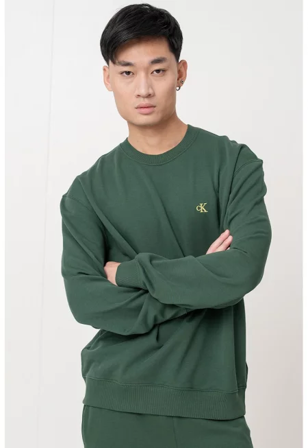 Памучен суитшърт с паднали ръкави - Тъмнозелен