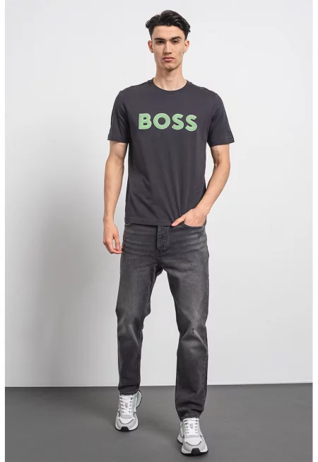 Памучна тениска с лого - Лайм зелено/Tъмносив