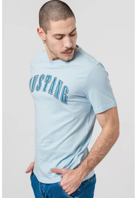 Памучна тениска с лого - Светлосин