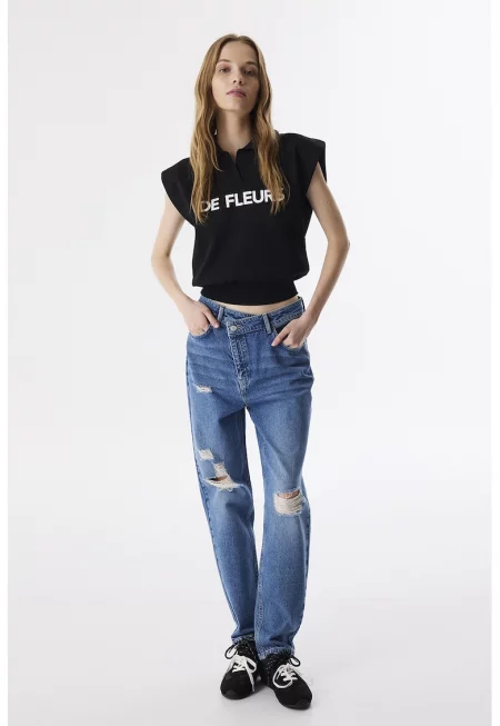 Памучни дънки със средна талия - Прашно синьо