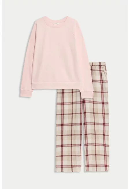Пижама с дълга долна част на каре - Бежов/Розово