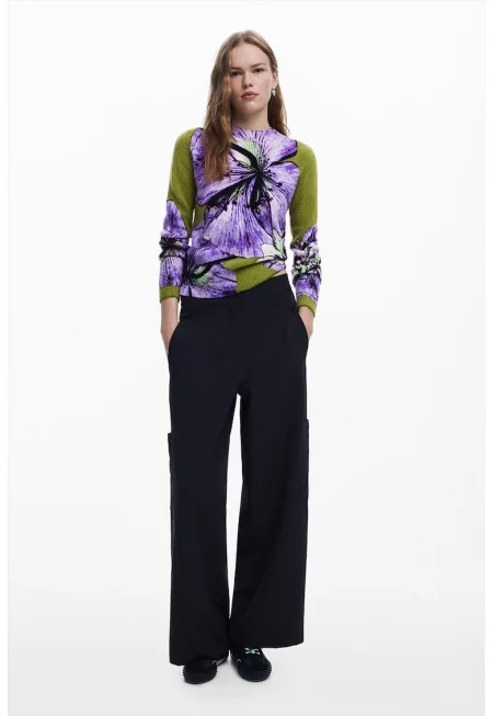 Плетен пуловер с флорален принт - Зелен/Мръснобял/Аметист