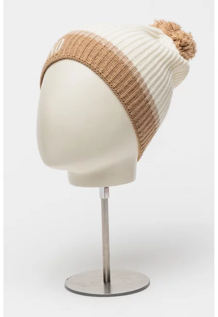 Плетена шапка с вълна - Слонова кост/Кафяв