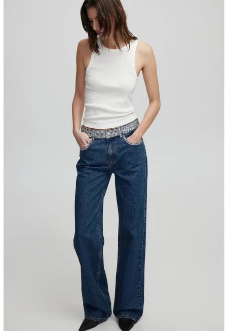 Прави дънки с декоративни камъни - Син