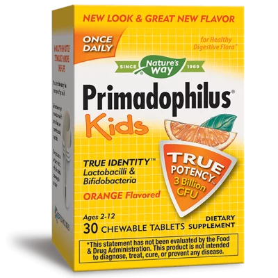 Пробиотик Примадофилус Кидс – за деца (2-12 г.), 3 млрд. активни пробиотици, 30 дъвчащи таблетки с вкус на портокал