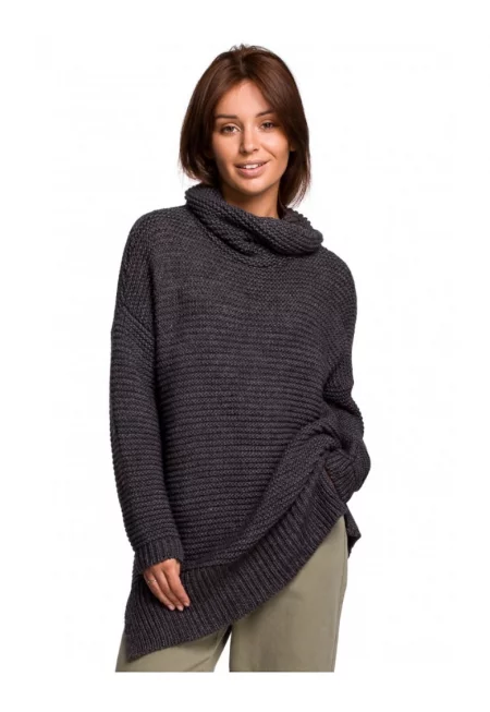 Пуловер с голяма яка - акрил/найлон/памук - антрацитно сиво - един размер