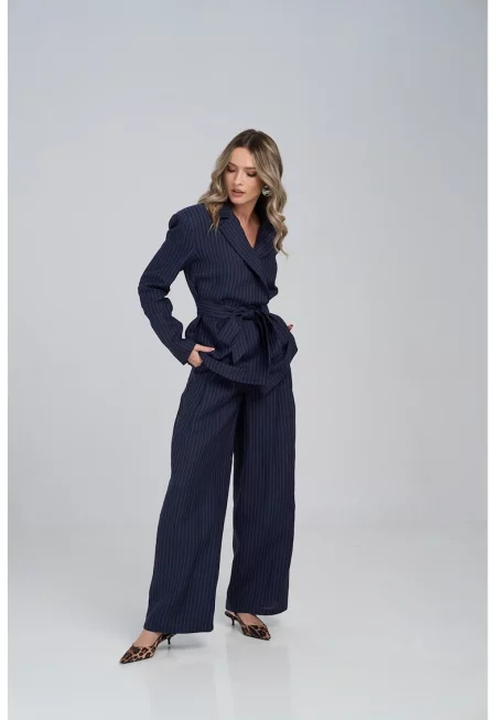 Раиран ленен панталон с широк крачол - Тъмносин