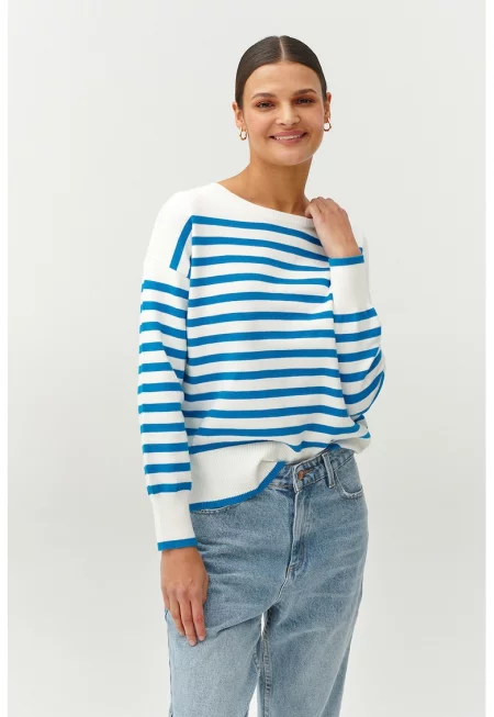 Раиран пуловер с овално деколте - Бял/Син