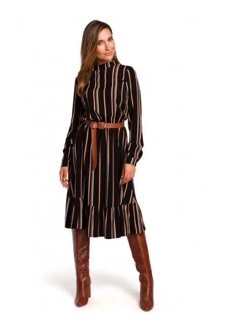 Раирана рокля с катарама - стил - вискоза - кафяво -