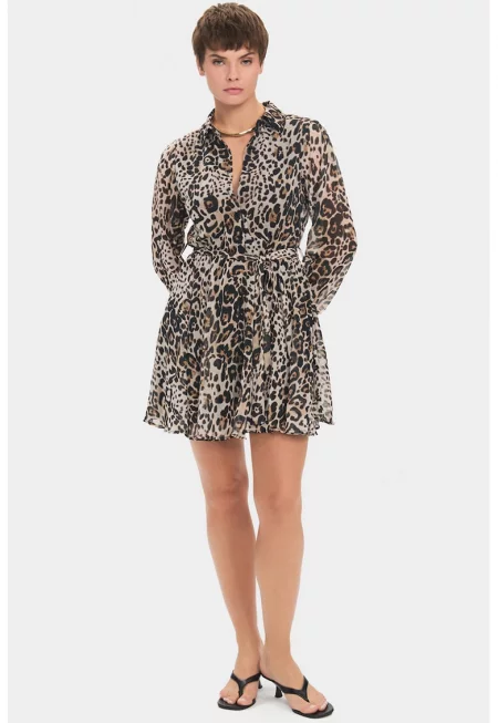 Разкроена рокля с принт - Черен/Бежов