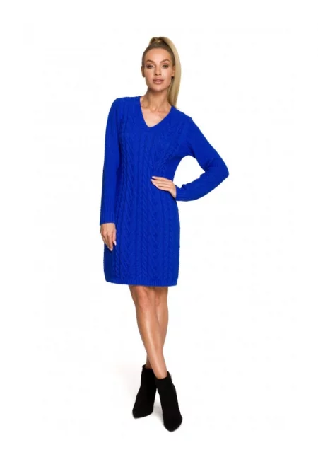 рокля-пуловер - V-образно деколте - акрил - найлон - синьо