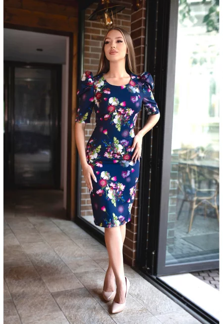 Рокля с овално деколте и бухнали ръкави - Бял/Тъмночервен/Тъмносин