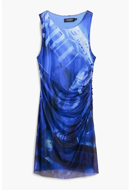 Рокля с принт и мрежест слой - Бял/Син