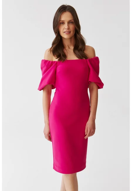 Рокля тип молив с бухнали ръкави - Яркорозово