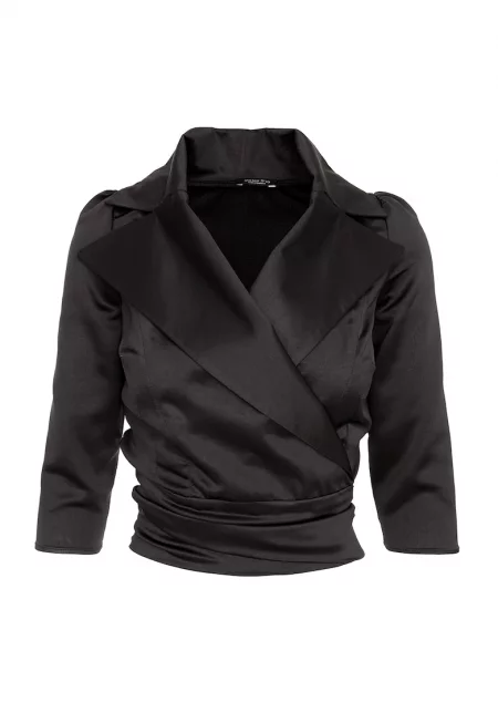 Сатинирана блуза с раздвоен ревер - Черен