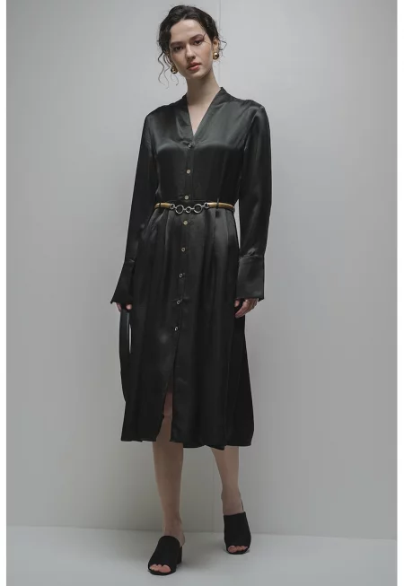 Сатинирана рокля тип риза - Тъмнозелен