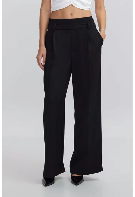 Широк панталон с двойна талия - Черен