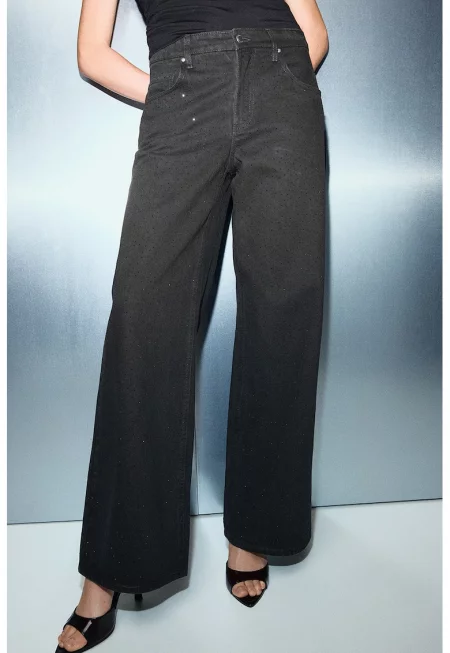 Широки дънки с декоративни камъни - Черен