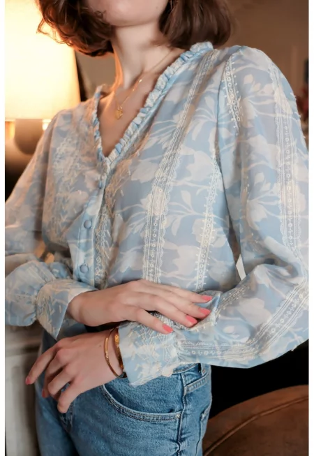 Синя риза с флорален принт и бродирани детайли - 4819T M9 17134