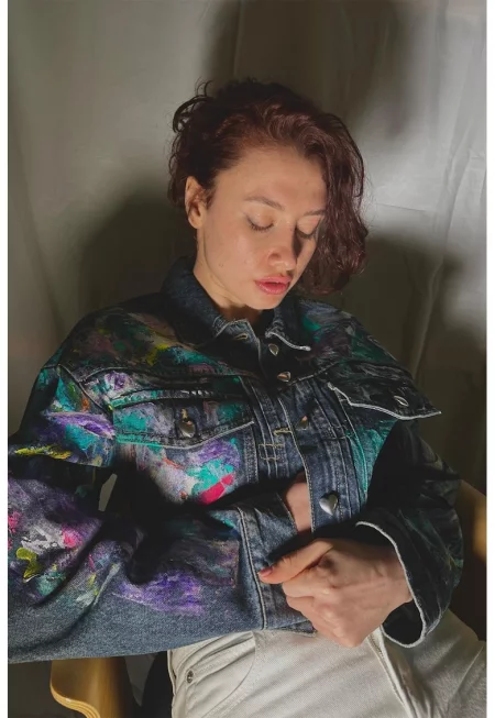 Скъсени дънки с ръчна рисунка - Зелен/Син