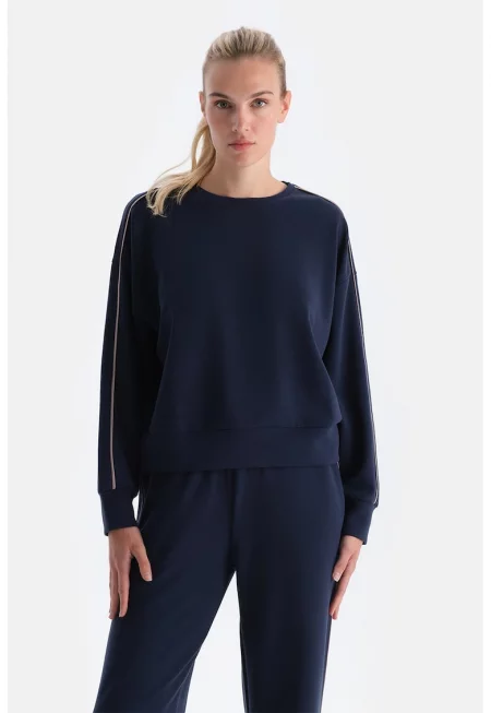 Суитшърт с модал с овално деколте - Тъмносин -