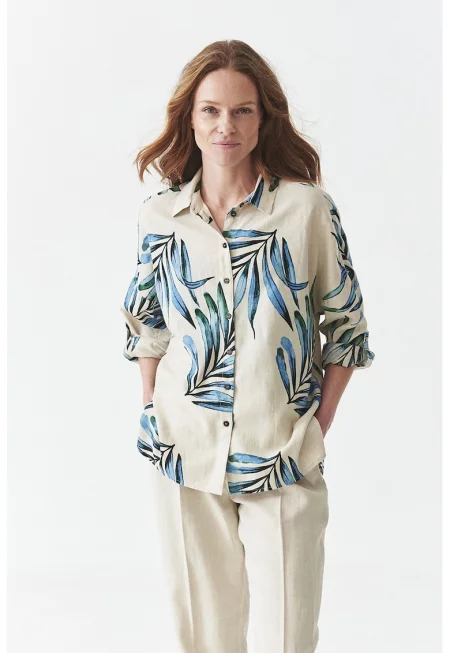 Свободна риза с шарка и регулиращи се ръкави - Тъмносин/Бежов