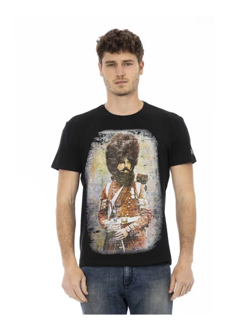 Тениска с овално деколте и графика - Черен