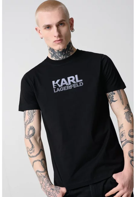 Тениска с овално деколте и лого - Черен