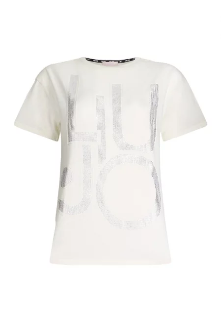 Тениска с овално деколте и пайети - Мръснобял/Сребрист