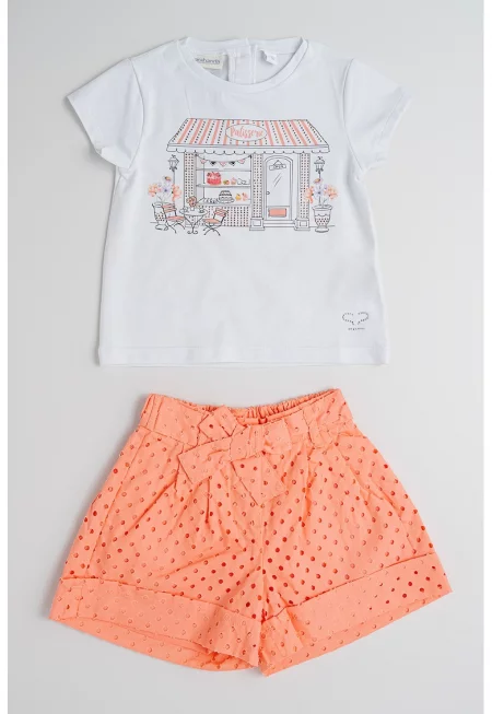 Тениска с памук и принт и къс панталон - 2 части - Бял/Корал