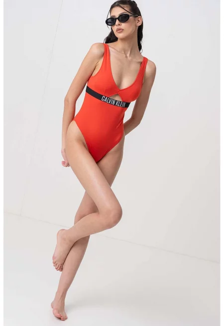 Цял бански с лого - Черен/Мандарина