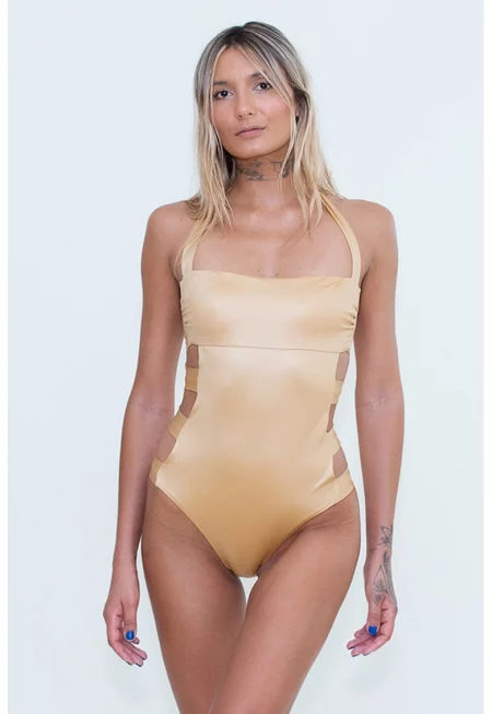 Цял бански със странични отвори - Светло бежово