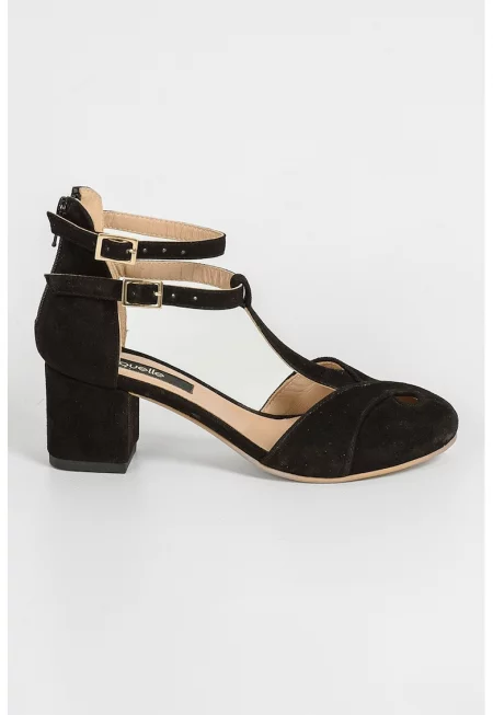 Велурени обувки Jackie с T-образна каишка - Черен