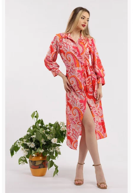 Застъпена рокля с шлиц отпред - Червен/Розово