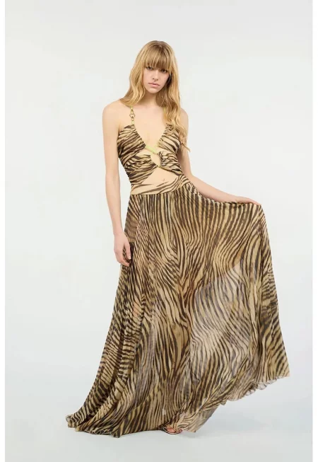 Animal Printed Long Dress With Adjustable Straps - Кафяв