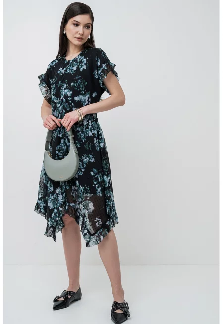 Асиметрична рокля с къси ръкави - Зелен/Избеляло черно/Мръснобял