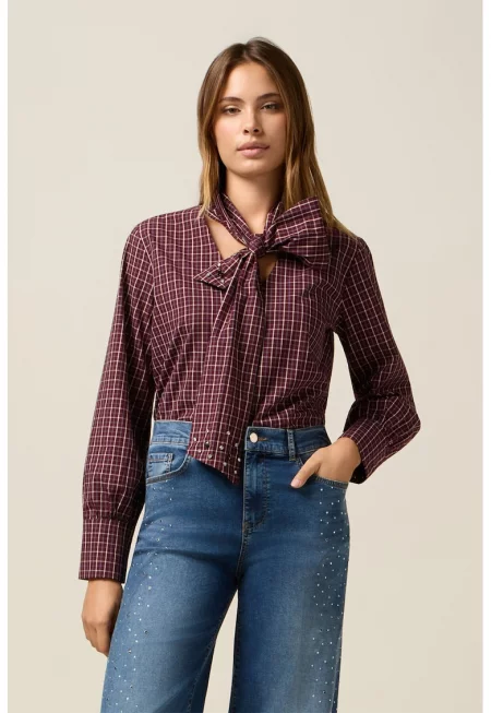 Блуза на каре с панделка - Бял/Бордо