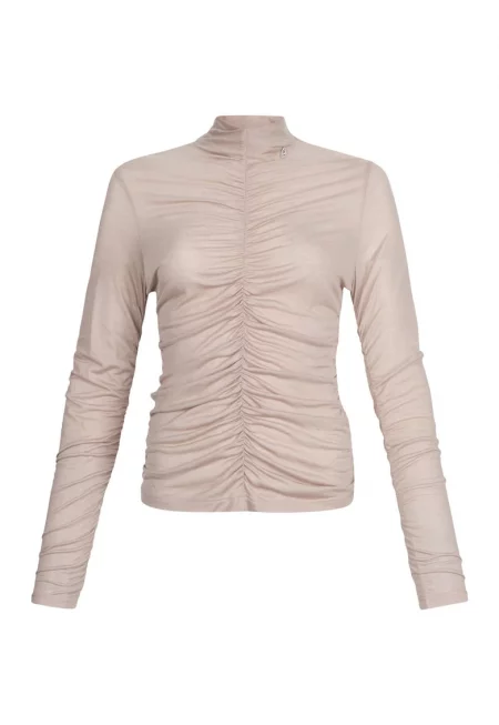 Блуза с рюш и ниска яка - Бежов