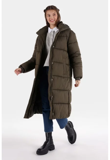 Дълго зимно яке с качулка - Кафяв