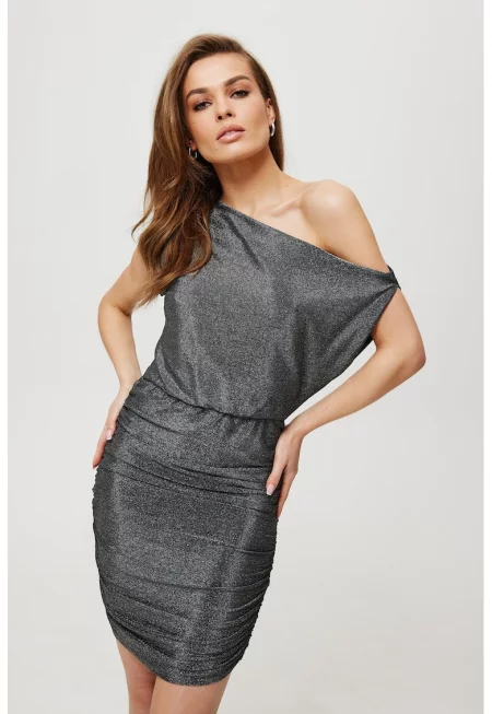 Дамска рокля - металик мини с волани в долната част - Полиестер - Сиво - М