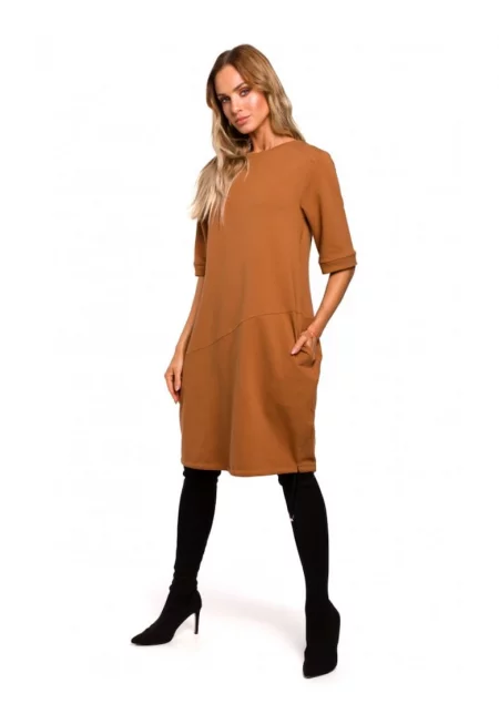 Дамска рокля - С джобове - Памук - Еластан - Карамел