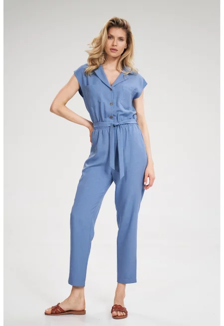 Дамски гащеризон -  син - къс ръкав - завързване на талията - полиестер